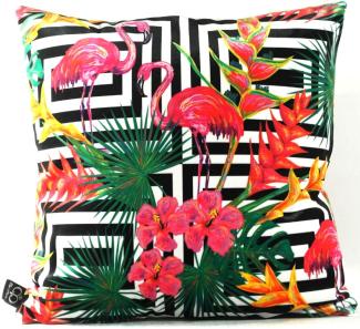 Casa Padrino Luxus Kissen Miami Flamingos & Flowers Mehrfarbig 45 x 45 cm - Feinster Samtstoff - Deko Wohnzimmer Kissen