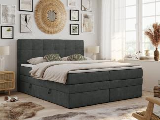 Boxspringbett mit Kopfteil und Topper, Polsterbett - LUKA-KING - 160x200cm - Dunkelgrau Stoff - H3