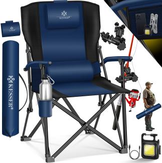 KESSER® Campingstuhl faltbar bis 160 kg | Angelstuhl Faltstuhl Klappstuhl Gepolstert mit Armlehnen | Campinglicht und Getränkehalter + Tasche mit hoher Rückenlehne | Strandstuhl mit Angelhalterung Navyblau / Schwarz