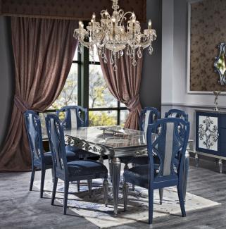 Casa Padrino Luxus Barock Esszimmer Stuhl Set Blau / Silber 54 x 53 x H. 109 cm - Edles Küchen Stühle 6er Set - Barock Esszimmer Möbel