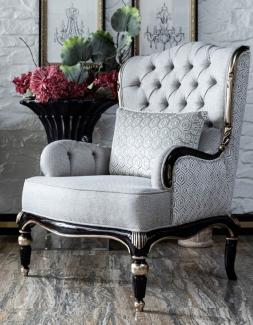 Casa Padrino Luxus Barock Sessel Grau / Schwarz / Silber - Eleganter Wohnzimmer Sessel im Barockstil - Barock Wohnzimmer Möbel