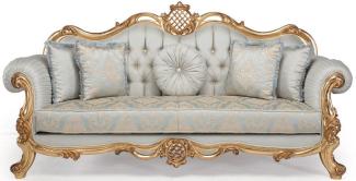 Casa Padrino Luxus Barock Wohnzimmer Sofa mit dekorativen Kissen Hellblau / Türkis / Gold 222 x 82 x H. 120 cm