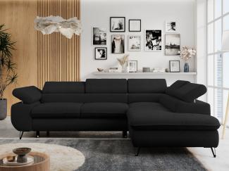 Ecksofa mit Bettfunktion, Modern Sofa, L-form, Einstellbare Kopfstützen, Bettkasten, PETER, 1x Ecksofa, 1x Topper, Schwarz, Boucle, rechts