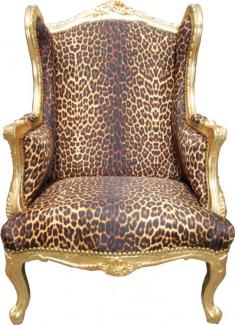 Casa Padrino Barock Lounge Thron Sessel Leopard / Gold - Ohrensessel - Ohrensessel Tron Stuhl