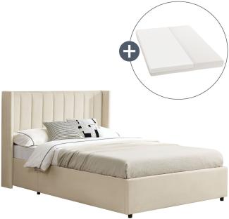 Juskys Polsterbett Savona 140x200 cm mit Matratze - Bett mit Stauraum, Samt-Bezug - Bettgestell aus Holz, bis 250 kg, großes Kopfteil - Beige