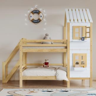 Merax Etagenbett mit Handlauf und Fenster, Hausbett, Kinderbett mit Fallschutz und Gitter, Rahmen aus Holz, Weiß+Natur (90x200cm)