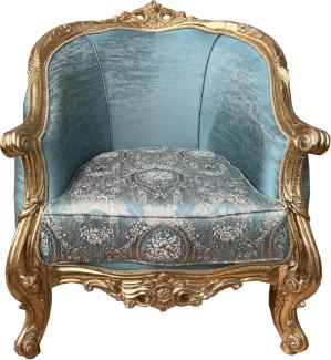 Casa Padrino Luxus Barock Wohnzimmer Sessel Türkis Muster / Gold - Handgefertigter Barockstil Sessel mit elegantem Muster - Wohnzimmer Möbel im Barockstil - Barock Möbel - Edel & Prunkvoll