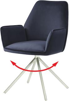 Esszimmerstuhl HWC-G67, Küchenstuhl Stuhl mit Armlehne, drehbar Auto-Position, Samt MVG ~ anthrazit-blau, Edelstahl