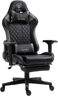 Gaming Stuhl mit Fußstütze und ergonomsichen 4D-Armlehnen, Kunstleder Schwarz/Grau, 50 x 53 x 156 cm