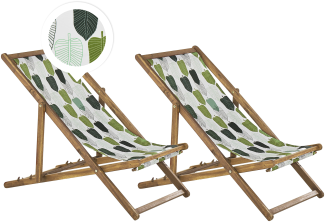 Liegestuhl Akazienholz hellbraun Textil grün weiß Blättermotiv 2er Set ANZIO