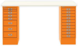 MultiDesk, 1 MultiDrawer mit 10 Schüben, 1 MultiDrawer mit 8 Schüben, Dekor Weiß, Farbe Orange, Maße: H 740 x B 1400 x T 600 mm