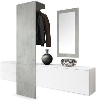 Garderobe Wandgarderobe Carlton Set 1, Korpus in Weiß matt / Paneel und Spiegel in Beton Oxid Optik