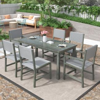 Merax 7-teiliges Outdoor-Esstisch-Set für 6 Personen, Gartenmöbel-Set aus HDPE-Rattan, Stuhlgestell aus Akazienholz für Hinterhof, Garten, Grün