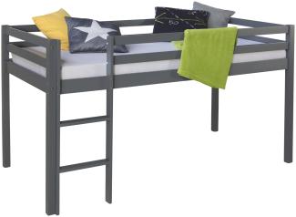 Hochbett mit Lattenrost Leiter 90x200 cm Kinderbett Grau Holz Kiefer Massiv Spielbett Stockbett