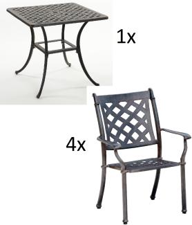 Inko 5-teilige Sitzgruppe Aluminium Guss bronze Tisch 80x80cm mit 4 Sesseln Tisch 80x80 cm mit 4x Sessel Duke