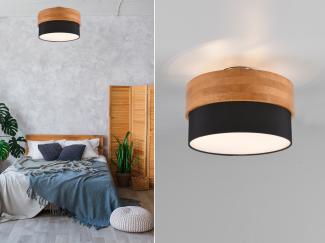 LED Deckenleuchte, Holzlampe mit Stoffschirm Schwarz Ø 30cm