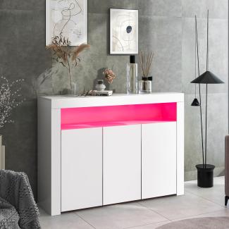 Merax Hochglänzende weiße Sideboard-Vitrine mit LED-Leuchten, moderne 3-türige Holz-Buffetschrank-Aufbewahrungseinheit mit Fernbedienung für Küche, Wohnzimmer, Esszimmer, Flur