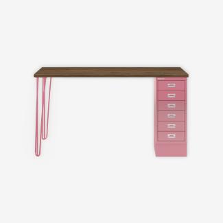 MultiDesk, 2 Stahlfüße, 1 MultiDrawer mit 6 Schüben, Dekor Nussbaum, Farbe Pink, Maße: H 740 x B 1400 x T 600 mm