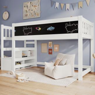 Merax Kinderbett Hochbett mit Whiteboard&Tafel,Speicherung und Rausfallschutz 90 x 200 cm, Weiss Hochbett für Kinder– Lattenrost- Weiß (ohne Matratze)