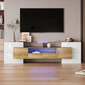 Merax Lowboard mit LED-Beleuchtung und Glasplatte, TV-Schrank mit hochglänzenden Korpus, Holzoptik, Breite 200 cm, Natural | Weiß