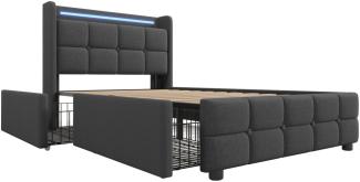Merax LED Stauraumbett Polsterbett 90x200 Einzelbett aus Leinen mit 2 Schubladen & 2 Steckdosen & 2 USB & Lattenrost Grau