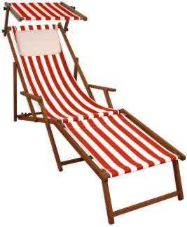 Liegestuhl rot-weiß Sonnenliege Strandstuhl Deckchair Fußablage Kissen Sonnendach 10-314FSKH