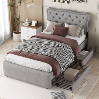 Merax 90*200 cm flaches Bett, gepolstertes Bett, Nachttischpolsterung mit dekorativen Nieten, doppelte Schubladen, Grau