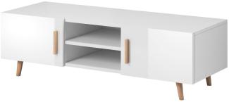 Domando Lowboard Terni M2 Skandinavisch für Wohnzimmer Breite 140cm, Holzfüße, Hochglanz, Weiß Matt und Weiß Hochglanz