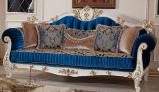 Casa Padrino Luxus Barock Sofa Blau / Braun / Weiß / Gold - Prunkvolles Wohnzimmer Sofa mit elegantem Muster - Barockstil Wohnzimmer Möbel - Luxus Möbel im Barockstil - Barock Einrichtung