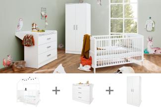 Pinolino Kinderzimmer ´Hilda & Viktoria´ breit, weiß, inkl. Hausbett, Wickelkommode und Kleiderschrank