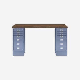 MultiDesk, 2 MultiDrawer mit 8 Schüben, Dekor Nussbaum, Farbe Blau, Maße: H 740 x B 1400 x T 600 mm