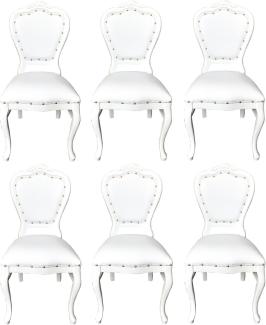 Casa Padrino Luxus Barock Esszimmer Set Weiß / Weiß 45 x 47 x H. 99 cm - 6 handgefertigte Esszimmerstühle mit Kunstleder - Barock Esszimmermöbel
