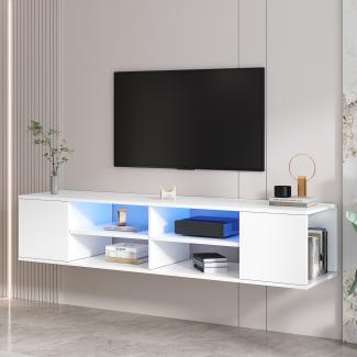 Merax Lowboard Scandi, Fernsehtisch, mit LED und 6 offenen Fächern, TV-Schrank Wandmontage/Freistehend, Weiß
