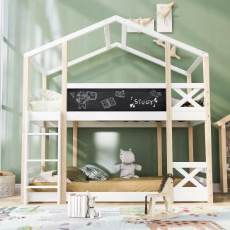 Merax Kinderbett Baumhaus mit Leiter 90 x 200 cm, Hochbett für Kinder– 2x Lattenrost- Natur & Weiß