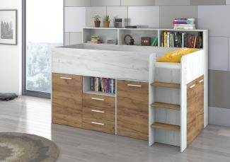 Domando Hochbett Talamone Modern Breite 206cm, mit integrierten Schränken, Schreibtisch und Regal in Eiche Weiß und Eiche Gold