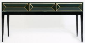 Casa Padrino Luxus Art Deco Konsole Schwarz / Grün / Gold 180 x 49 x H. 92 cm - Massivholz Konsolentisch mit 3 Schubladen in 3D Optik - Art Deco Möbel