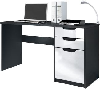 Vladon Schreibtisch Logan, Bürotisch mit 2 Schubladen und 1 Tür, Schwarz matt/Weiß Hochglanz (129 x 76 x 60 cm)