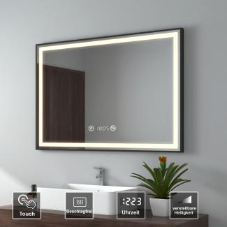 EMKE Badspiegel mit Beleuchtung 80x60cm Badspiegel Schwarzer Rand LED Badezimmerspiegel mit Touch, Antibeschlage, Uhr, Temperatur, Dimmbar, Memory-Funktion, Neutrale Beleuchtung Wandspiegel IP44