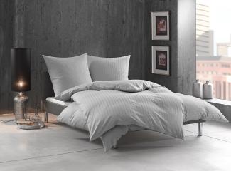 Bettwaesche-mit-Stil Mako Satin Damast Bettwäsche Streifen "Lima" grau/silber Garnitur 200x200 + 2x 80x80