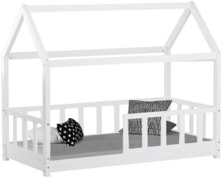 Kinderbett Hausbett mit Rausfallschutz 80x160 cm Bodenbett Montessori Bett Bettenhaus Lattenrost Weiß