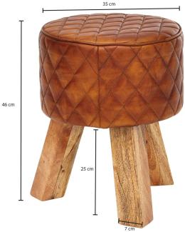 Wohnling Sitzhocker Echtleder / Massivholz 35x46x35 cm Modern Fußhocker Rund | Turnbock Lederhocker Braun