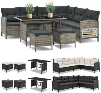 Juskys Polyrattan Lounge Manacor grau-meliert – Gartenlounge mit Sofa, Tisch, 2 Hocker & Kissen – Gartenmöbel Set bis 7 Personen – Sitzbezüge in Grau