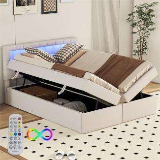 Merax 140*200cm Polsterbett, Flaches Bett, ferngesteuertes Ambientelicht am Kopfende des Bettes, großer Stauraum, Beige