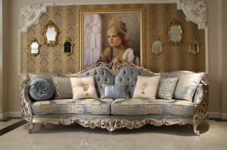 Casa Padrino Luxus Barock Wohnzimmer Sofa Hellblau / Beige / Silber 295 x 95 x H. 115 cm