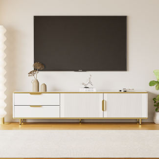 Merax TV-Schrank, niedriger Teller mit geschnitzter Textur, goldenen Griffen und Füßen, Wohnzimmermöbel mit Marmorstruktur , Weiß