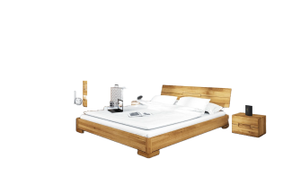 Bett Bento 5 Sonderlänge 160x220 Wildeiche massiv Holzkopfteil und Holzbeine