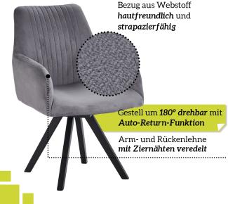smart 6er Set drehbare Esszimmerstühle mit Armlehnen - Bezug Mikrofaser Grau, 180° drehbar mit Auto-Return-Funktion - Massivholz Stuhlbeine - Küchenstuhl, Polsterstuhl mit Schaumstofffüllung