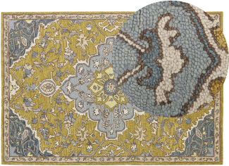Teppich Wolle gelb blau 140 x 200 cm orientalisches Muster Kurzflor MUCUR