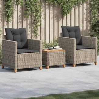 vidaXL 3-tlg. Bistro-Set mit Kissen Grau Poly Rattan Akazienholz