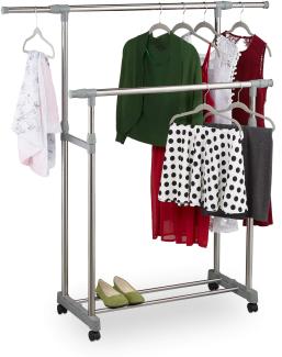 Relaxdays Kleiderständer mit 2 Kleiderstangen, Garderobe auf Rollen, verstellbar: Höhe 95-165cm, Breite 94-160cm, Silber, 1 Stück